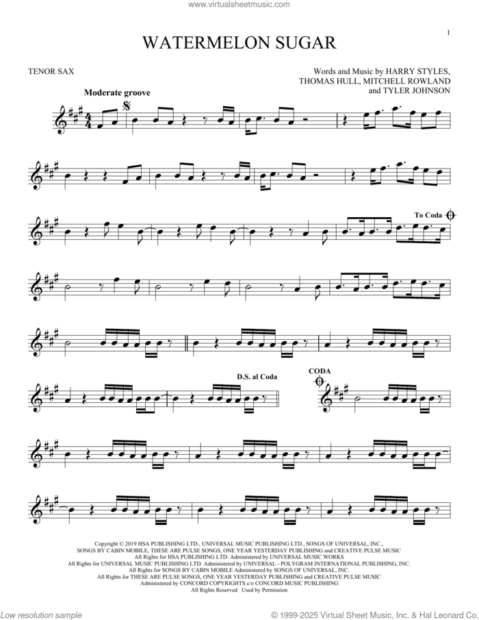 Watermelon Sugar sheet music for tenor saxophone solo by Harry Styles, Mitchell Rowland, Tom Hull and Tyler Johnson, intermediate skill level