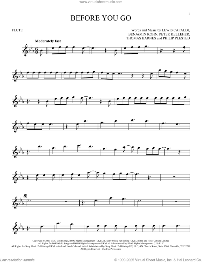 Before You Go sheet music for flute solo by Lewis Capaldi, Benjamin Kohn, Peter Kelleher, Philip Plested and Thomas Barnes, intermediate skill level