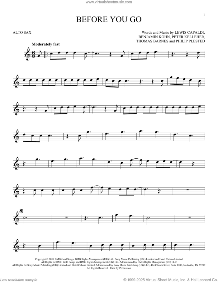Before You Go sheet music for alto saxophone solo by Lewis Capaldi, Benjamin Kohn, Peter Kelleher, Philip Plested and Thomas Barnes, intermediate skill level
