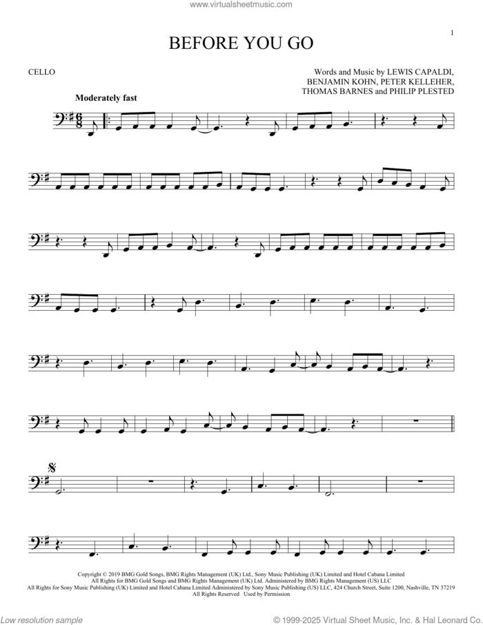 Before You Go sheet music for cello solo by Lewis Capaldi, Benjamin Kohn, Peter Kelleher, Philip Plested and Thomas Barnes, intermediate skill level