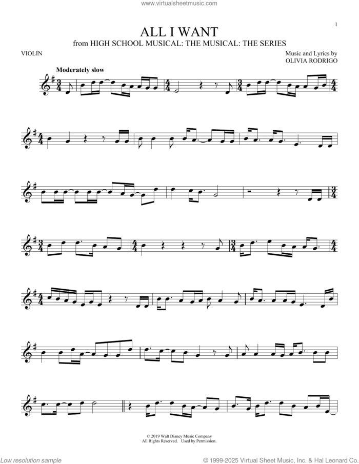 All I Want (from High School Musical: The Musical: The Series) sheet music for violin solo by Olivia Rodrigo, intermediate skill level