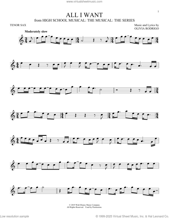 All I Want (from High School Musical: The Musical: The Series) sheet music for tenor saxophone solo by Olivia Rodrigo, intermediate skill level