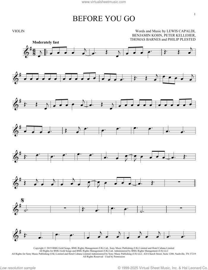 Before You Go sheet music for violin solo by Lewis Capaldi, Benjamin Kohn, Peter Kelleher, Philip Plested and Thomas Barnes, intermediate skill level