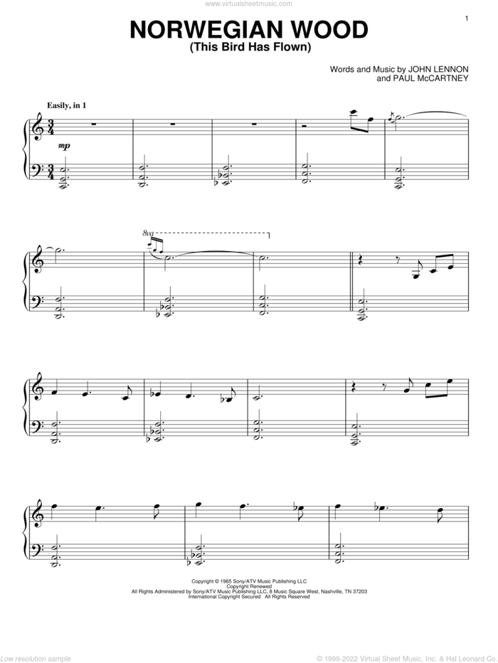Norwegian Wood (This Bird Has Flown) sheet music for piano solo by David Lanz, The Beatles, John Lennon and Paul McCartney, intermediate skill level