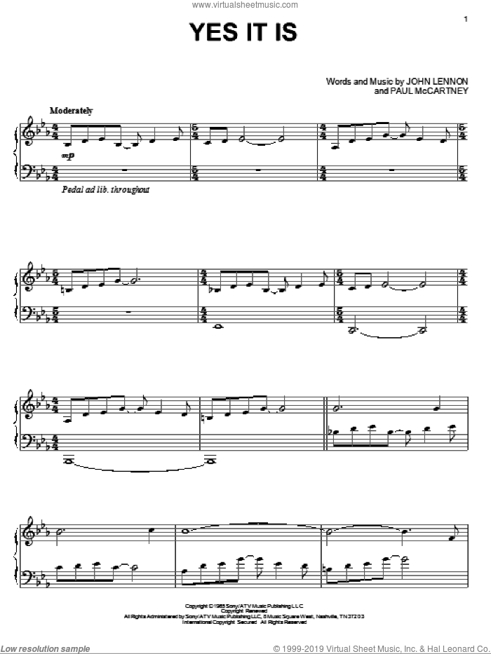 Yes It Is sheet music for piano solo by David Lanz, The Beatles, John Lennon and Paul McCartney, intermediate skill level