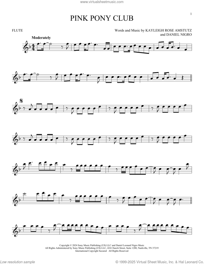 Pink Pony Club sheet music for flute solo by Chappell Roan, Daniel Nigro and Kayleigh Rose Amstutz, intermediate skill level