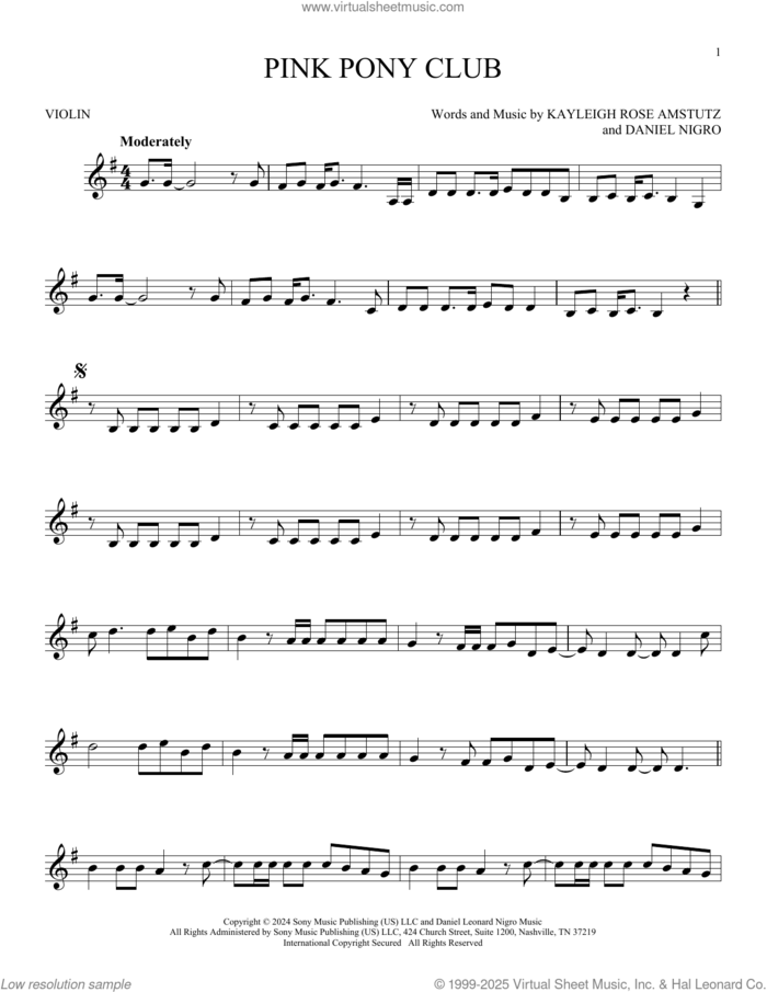 Pink Pony Club sheet music for violin solo by Chappell Roan, Daniel Nigro and Kayleigh Rose Amstutz, intermediate skill level