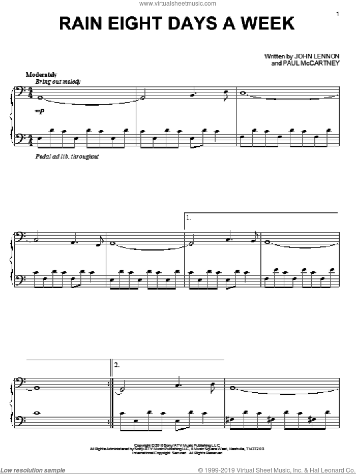 Rain Eight Days A Week sheet music for piano solo by David Lanz, The Beatles, John Lennon and Paul McCartney, intermediate skill level