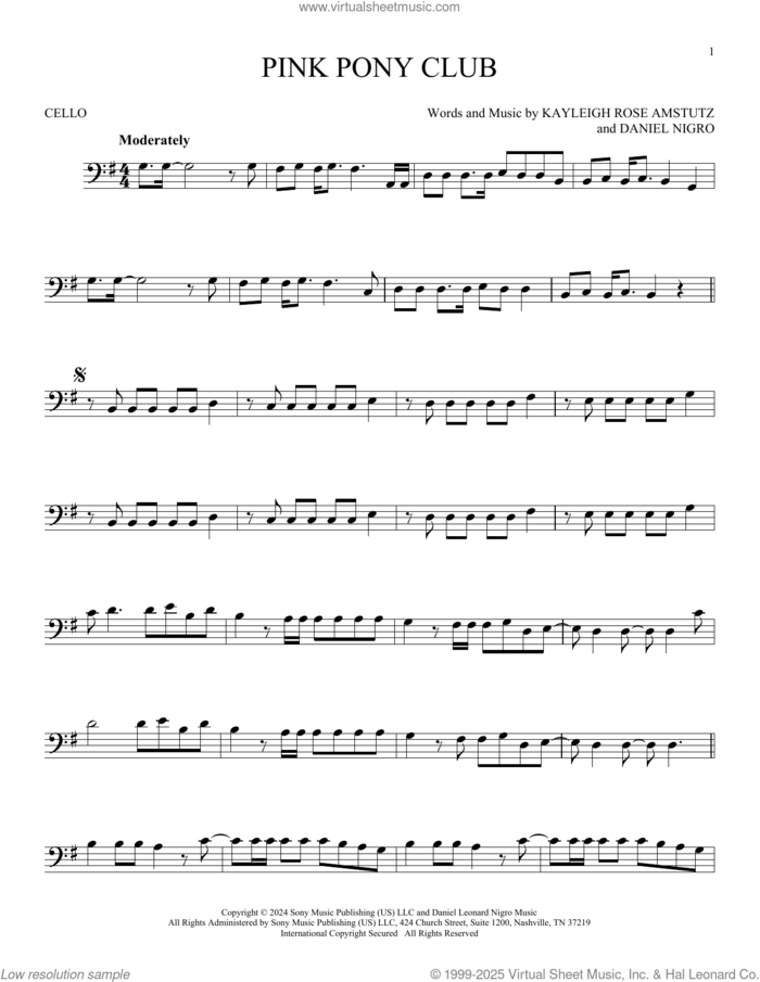 Pink Pony Club sheet music for cello solo by Chappell Roan, Daniel Nigro and Kayleigh Rose Amstutz, intermediate skill level