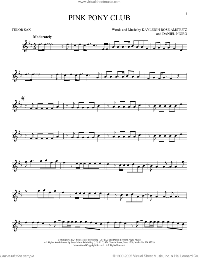 Pink Pony Club sheet music for tenor saxophone solo by Chappell Roan, Daniel Nigro and Kayleigh Rose Amstutz, intermediate skill level