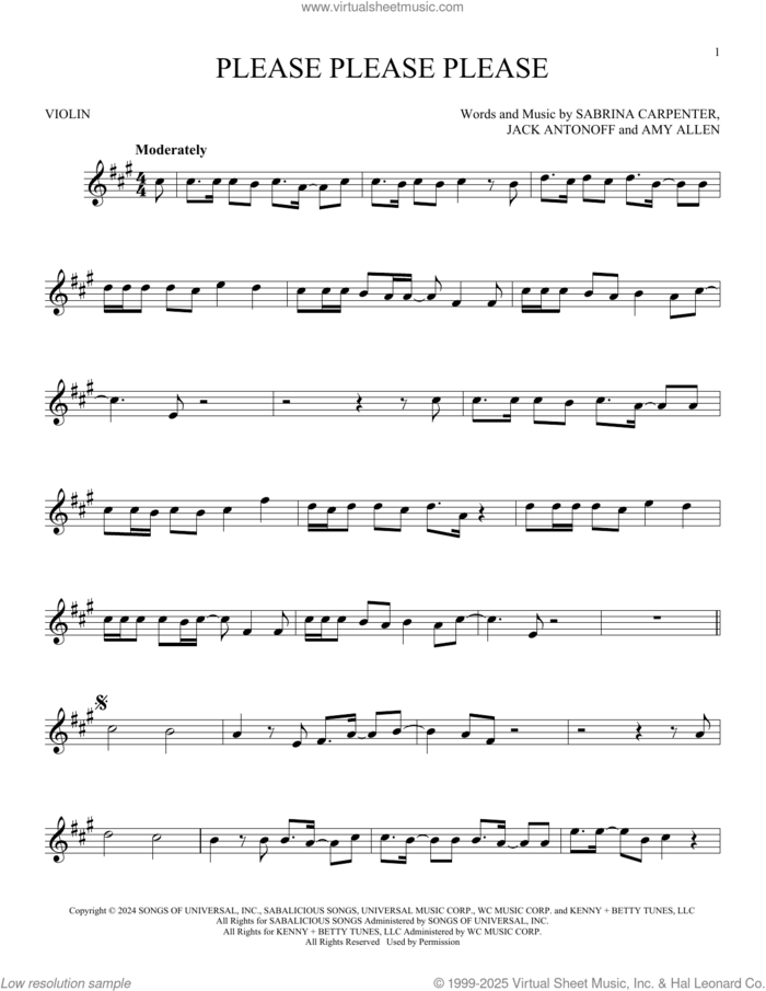 Please Please Please sheet music for violin solo by Sabrina Carpenter, Amy Allen and Jack Antonoff, intermediate skill level