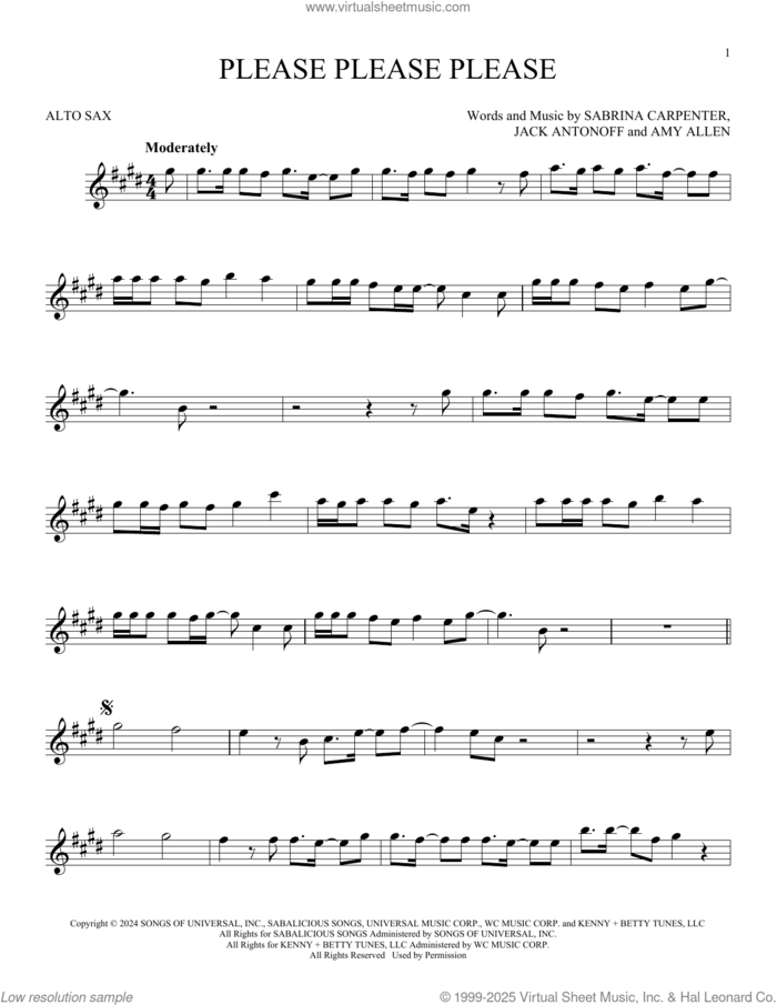 Please Please Please sheet music for alto saxophone solo by Sabrina Carpenter, Amy Allen and Jack Antonoff, intermediate skill level
