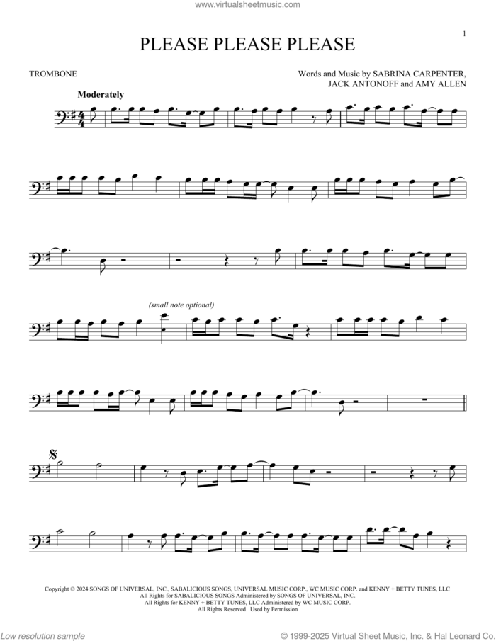 Please Please Please sheet music for trombone solo by Sabrina Carpenter, Amy Allen and Jack Antonoff, intermediate skill level