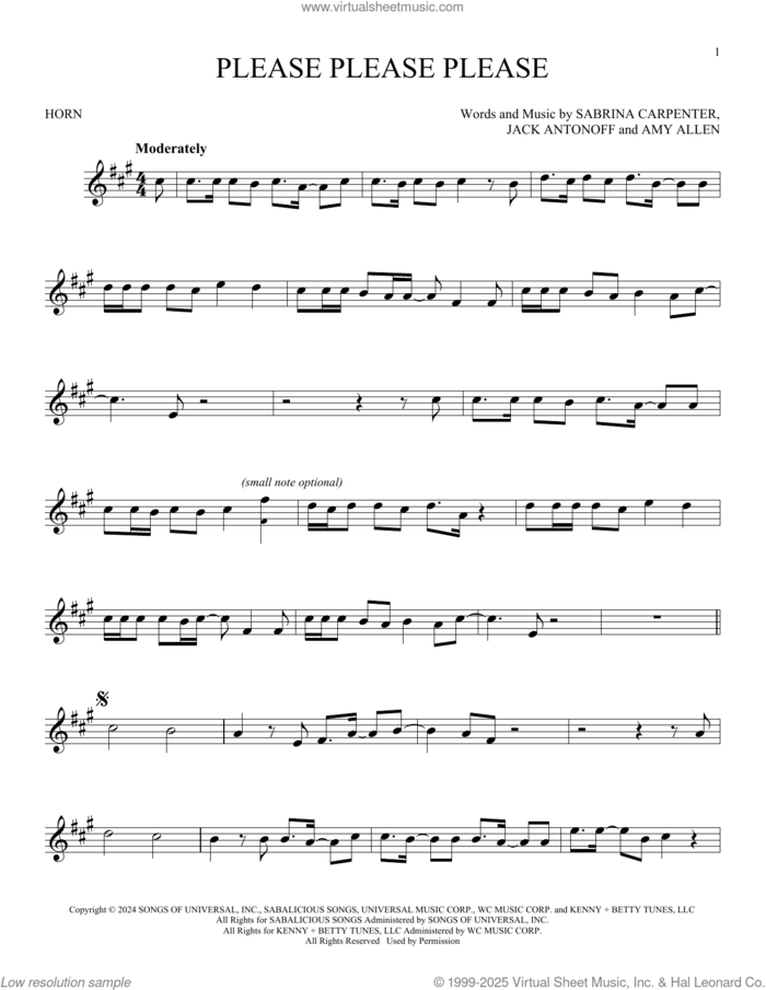 Please Please Please sheet music for horn solo by Sabrina Carpenter, Amy Allen and Jack Antonoff, intermediate skill level