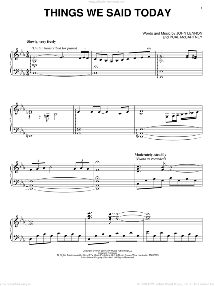 Things We Said Today sheet music for piano solo by David Lanz, The Beatles, John Lennon and Paul McCartney, intermediate skill level
