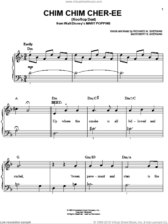 Chim Chim Cher-ee (from Mary Poppins: The Musical) sheet music for piano solo by Sherman Brothers, Mary Poppins (Musical), Anthony Drewe, George Stiles, Richard M. Sherman and Robert B. Sherman, easy skill level