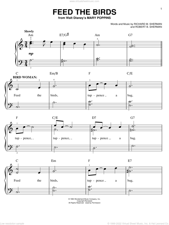 Feed The Birds (Tuppence A Bag) (from Mary Poppins: The Musical) sheet music for piano solo by Sherman Brothers, Mary Poppins (Musical), Anthony Drewe, George Stiles, Richard M. Sherman and Robert B. Sherman, easy skill level