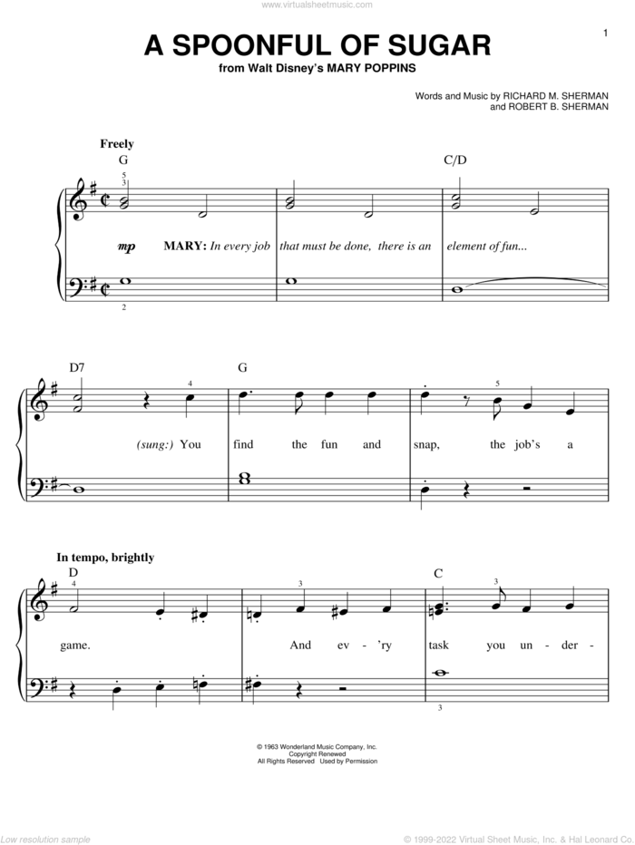 A Spoonful Of Sugar (from Mary Poppins), (easy) sheet music for piano solo by Sherman Brothers, Mary Poppins (Musical), Anthony Drewe, George Stiles, Richard M. Sherman and Robert B. Sherman, easy skill level