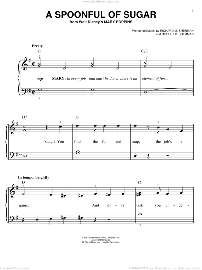 A Spoonful Of Sugar (from Mary Poppins), (easy) sheet music for piano solo by Sherman Brothers, Mary Poppins (Musical), Anthony Drewe, George Stiles, Richard M. Sherman and Robert B. Sherman, easy skill level