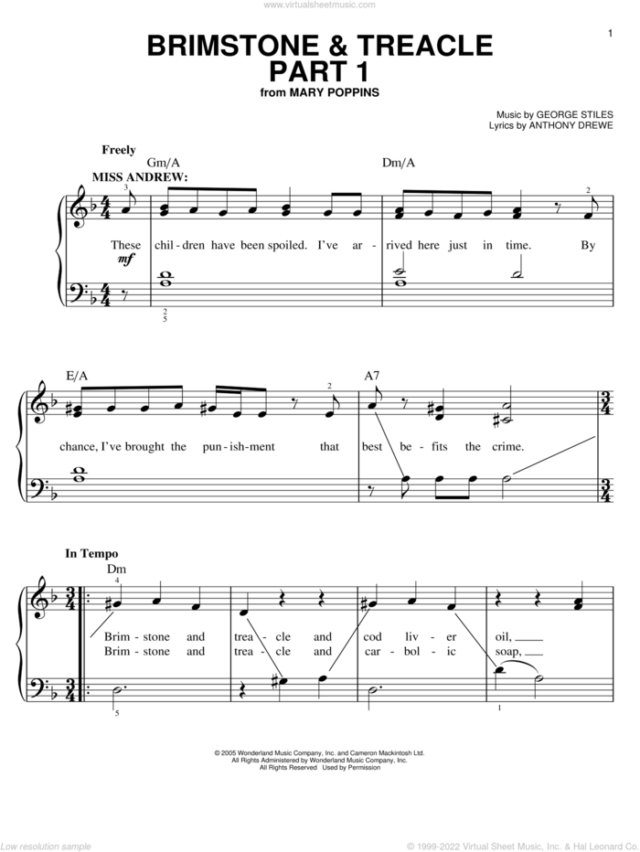 Brimstone and Treacle Part 1 sheet music for piano solo by Anthony Drewe, Mary Poppins (Musical) and George Stiles, easy skill level