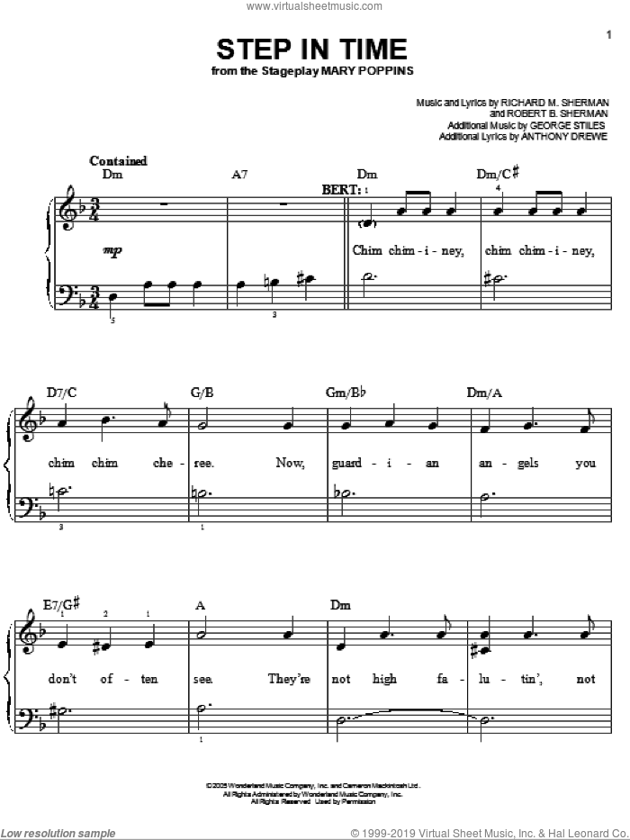 Step In Time sheet music for piano solo by Sherman Brothers, Mary Poppins (Musical), Anthony Drewe, George Stiles, Richard M. Sherman and Robert B. Sherman, easy skill level