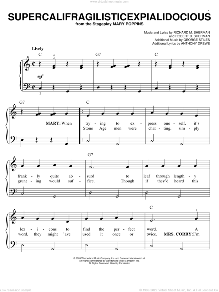 Supercalifragilisticexpialidocious (from Mary Poppins), (easy) sheet music for piano solo by Sherman Brothers, Mary Poppins (Musical), Anthony Drewe, George Stiles, Richard M. Sherman and Robert B. Sherman, easy skill level