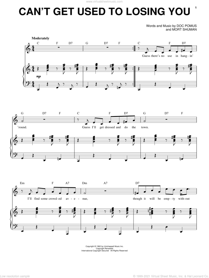 Can't Get Used To Losing You sheet music for voice and piano by Andy Williams, Doc Pomus, Jerome Pomus and Mort Shuman, intermediate skill level