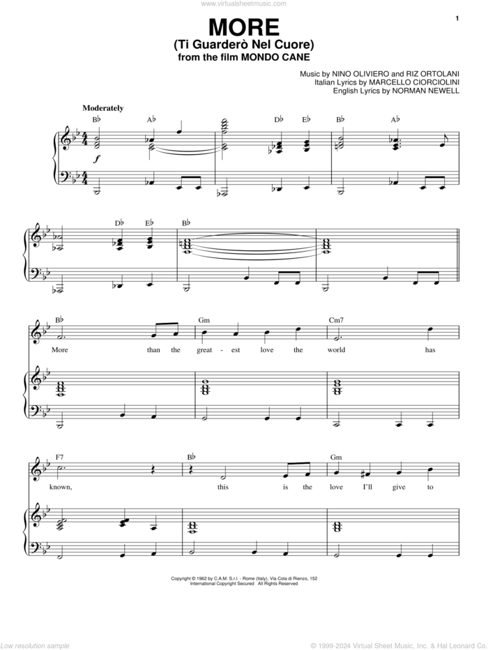 More (Ti Guardero Nel Cuore) sheet music for voice and piano by Andy Williams, Marcello Ciorciolini, Nino Oliviero, Norman Newell and Riz Ortolani, intermediate skill level