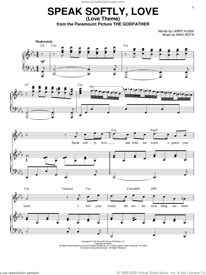Speak Softly, Love (Love Theme) sheet music for voice and piano by Andy Williams, Larry Kusik and Nino Rota, intermediate skill level