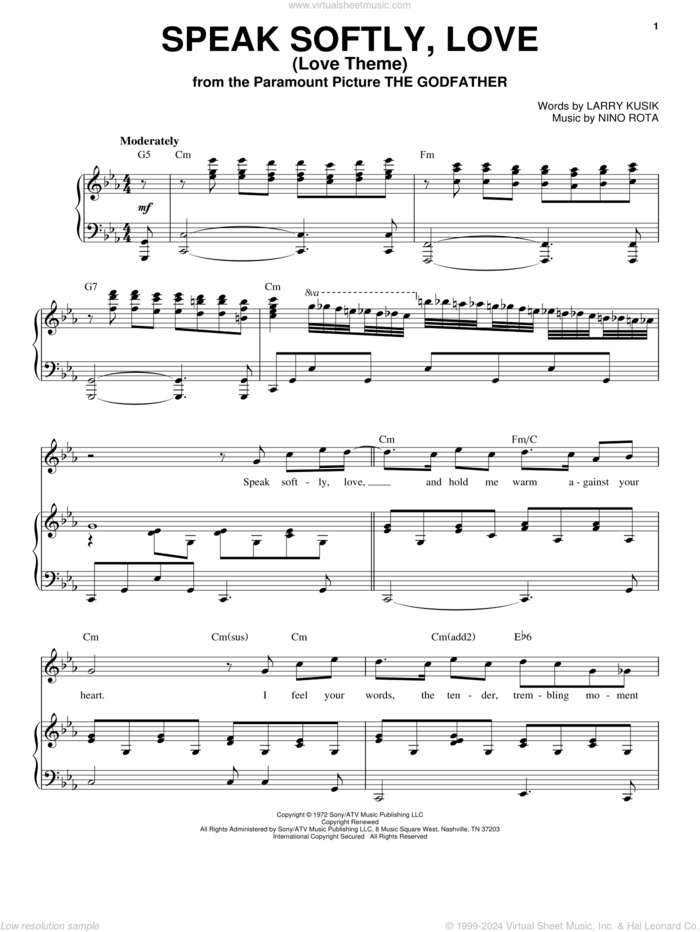 Speak Softly, Love (Love Theme) sheet music for voice and piano by Andy Williams, Larry Kusik and Nino Rota, intermediate skill level