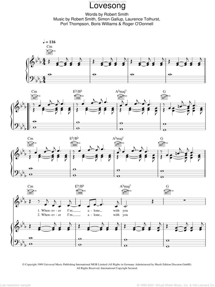 Lovesong sheet music for voice, piano or guitar by Adele, The Cure, Boris Williams, Laurence Tolhurst, Porl Thompson, Robert Smith and Simon Gallup, intermediate skill level