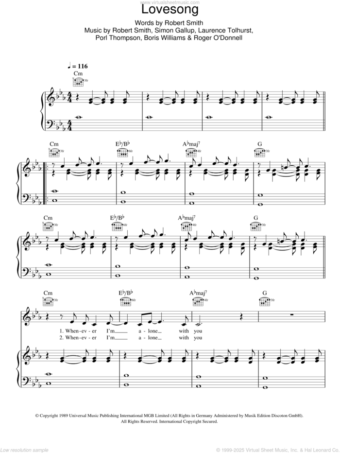 Lovesong sheet music for voice, piano or guitar by Adele, The Cure, Boris Williams, Laurence Tolhurst, Porl Thompson, Robert Smith and Simon Gallup, intermediate skill level