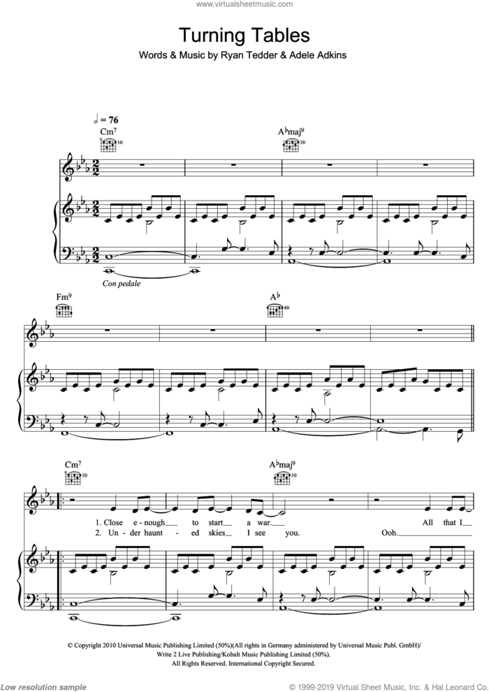 Turning Tables sheet music for voice, piano or guitar by Adele, Adele Adkins and Ryan Tedder, intermediate skill level