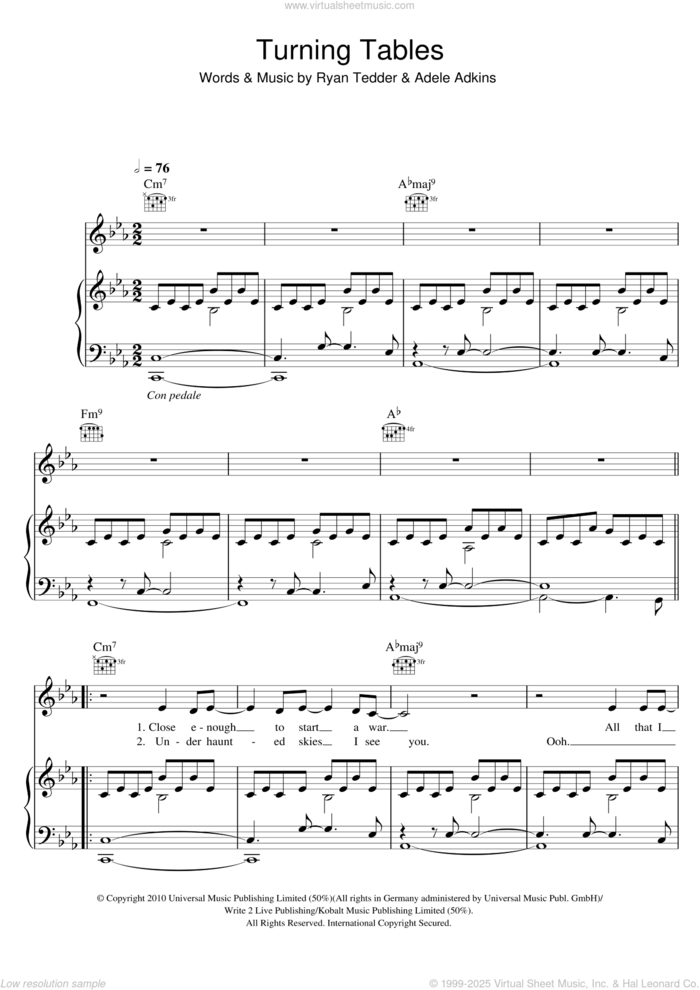 Turning Tables sheet music for voice, piano or guitar by Adele, Adele Adkins and Ryan Tedder, intermediate skill level