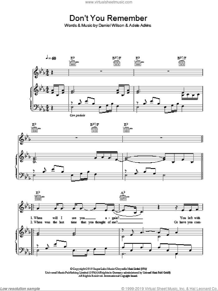 Don't You Remember sheet music for voice, piano or guitar by Adele, Adele Adkins and Dan Wilson, intermediate skill level