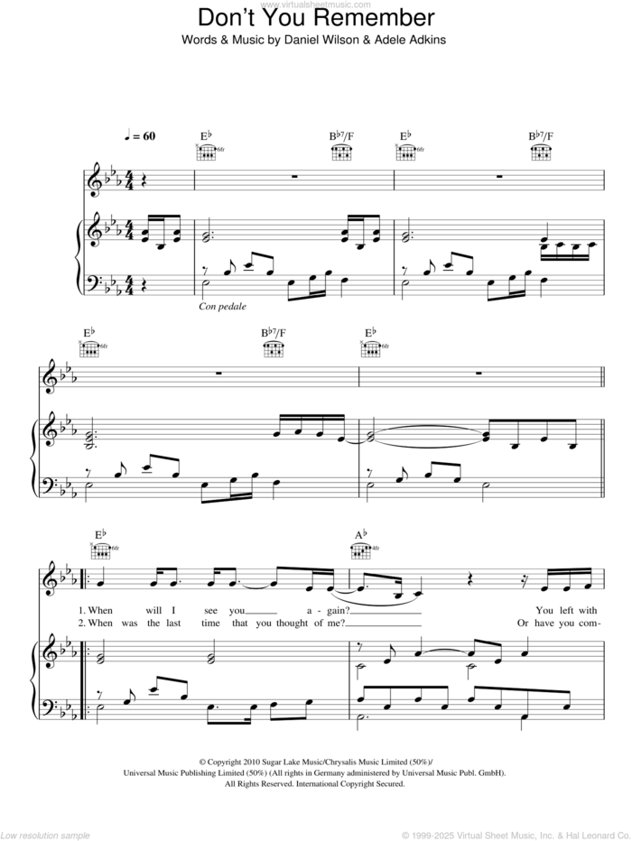 Don't You Remember sheet music for voice, piano or guitar by Adele, Adele Adkins and Dan Wilson, intermediate skill level