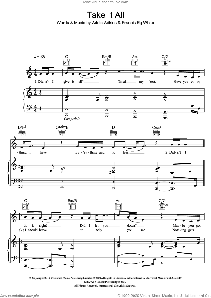 Take It All sheet music for voice, piano or guitar by Adele, Adele Adkins and Francis White, intermediate skill level