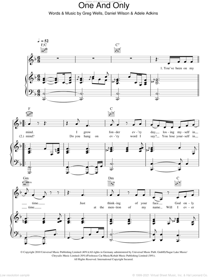 One And Only sheet music for voice, piano or guitar by Adele, Adele Adkins, Dan Wilson and Greg Wells, intermediate skill level