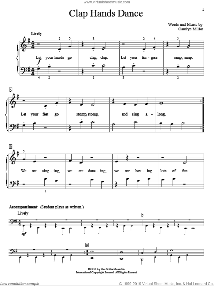 Clap Hands Dance sheet music for piano solo (elementary) by Carolyn Miller, beginner piano (elementary)