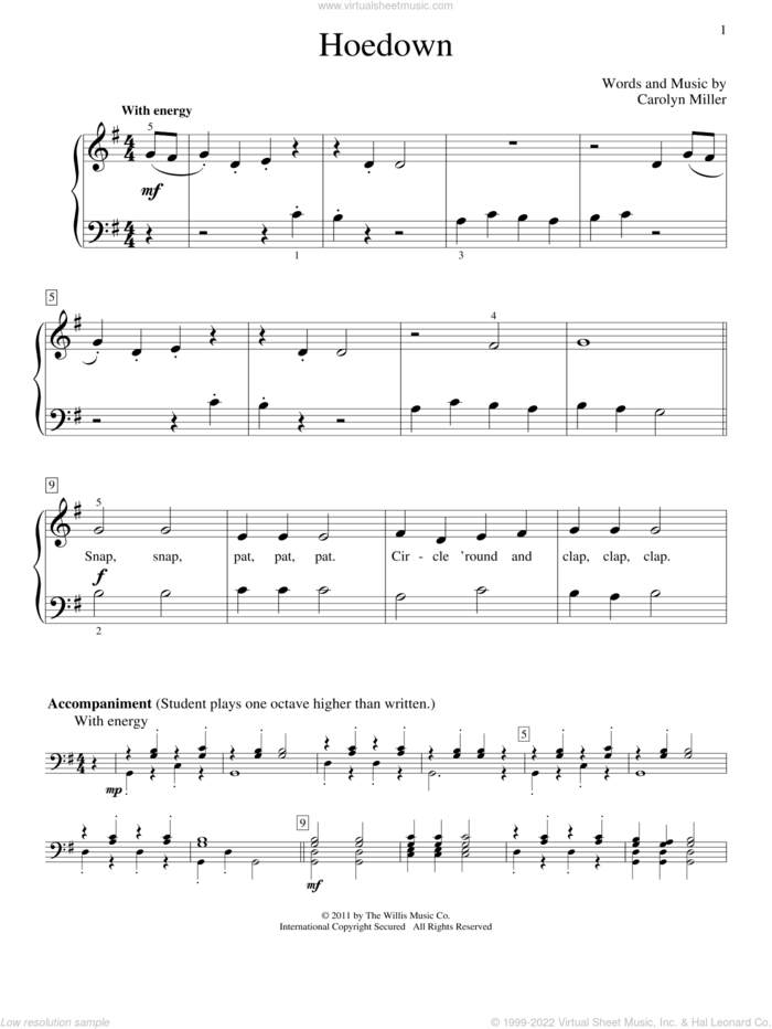 Hoedown sheet music for piano solo (elementary) by Carolyn Miller, beginner piano (elementary)