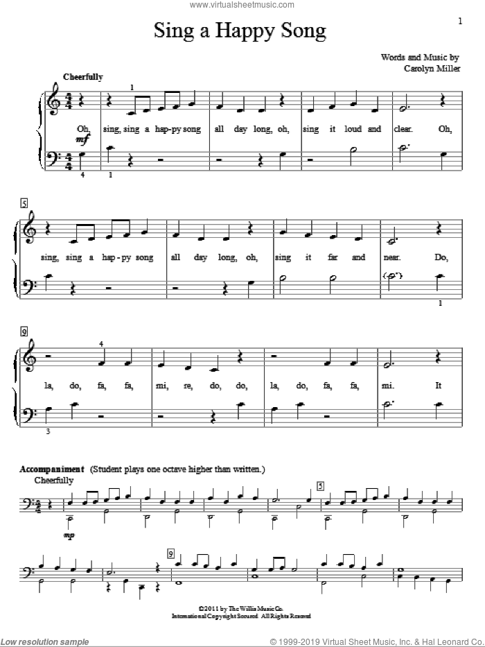 Sing A Happy Song sheet music for piano solo (elementary) by Carolyn Miller, beginner piano (elementary)