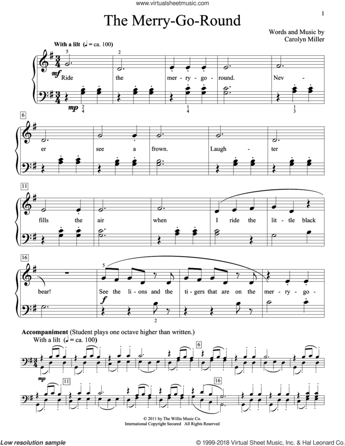 The Merry-Go-Round sheet music for piano solo (elementary) by Carolyn Miller, beginner piano (elementary)