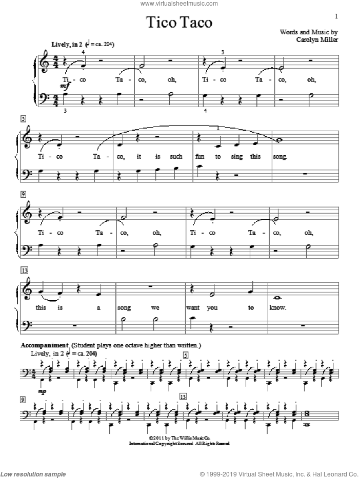 Tico Taco sheet music for piano solo (elementary) by Carolyn Miller, beginner piano (elementary)