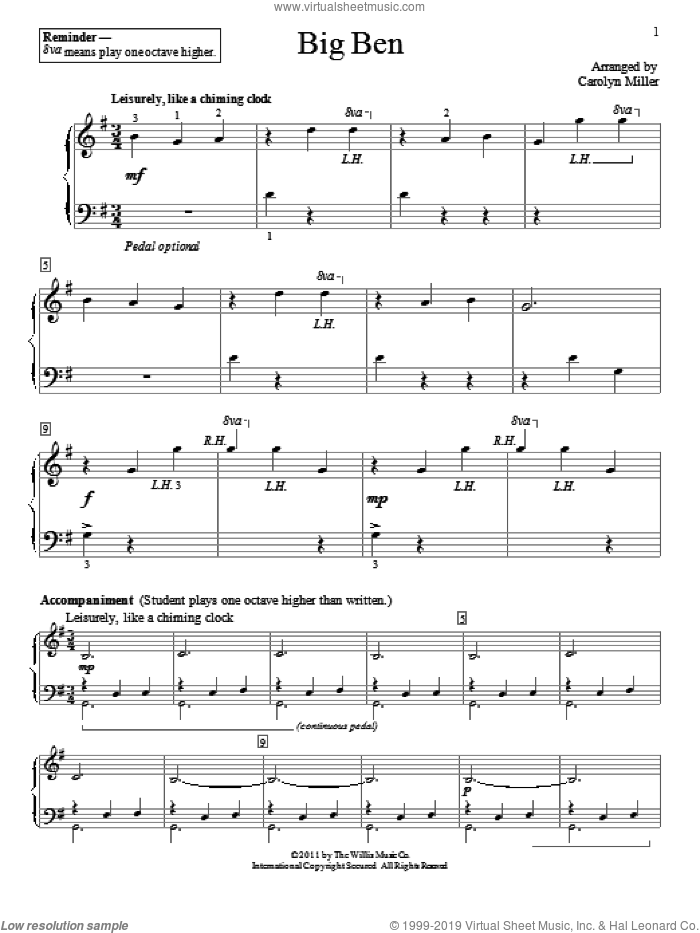 Big Ben sheet music for piano solo (elementary) by Carolyn Miller, beginner piano (elementary)