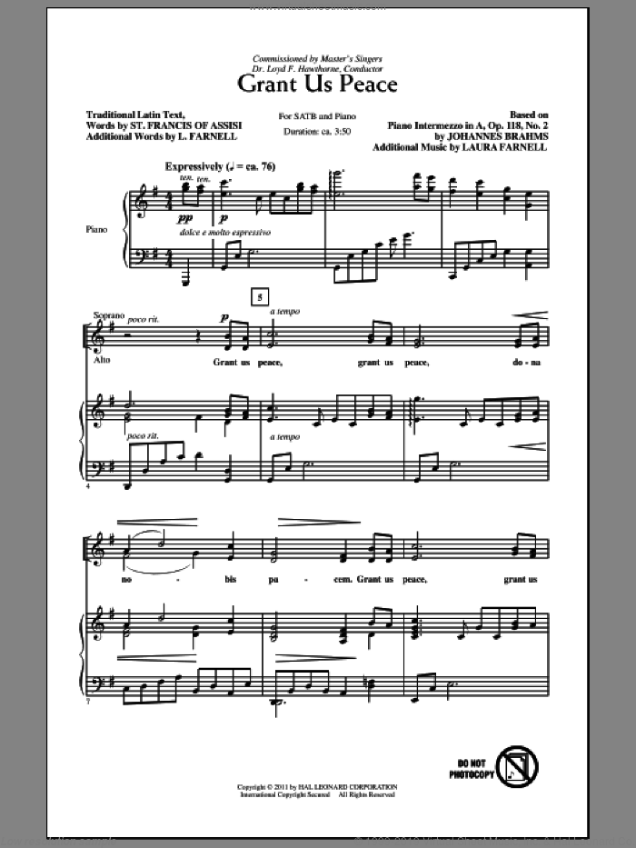 Grant Us Peace sheet music for choir (SATB: soprano, alto, tenor, bass) by Laura Farnell and Johannes Brahms, intermediate skill level
