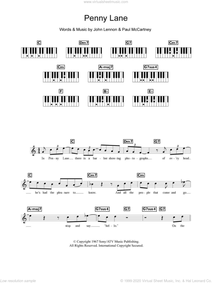 Penny Lane sheet music for piano solo (chords, lyrics, melody) by The Beatles, John Lennon and Paul McCartney, intermediate piano (chords, lyrics, melody)