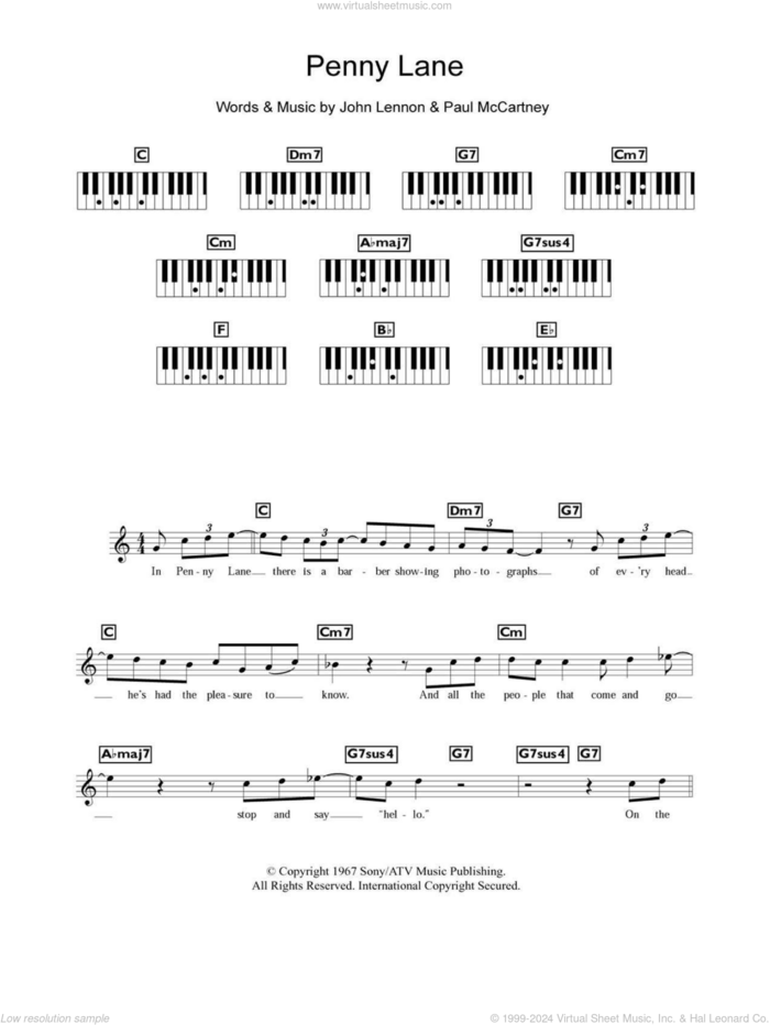 Penny Lane sheet music for piano solo (chords, lyrics, melody) by The Beatles, John Lennon and Paul McCartney, intermediate piano (chords, lyrics, melody)