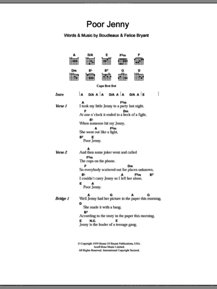 Poor Jenny sheet music for guitar (chords) by Everly Brothers, Boudleaux Bryant and Felice Bryant, intermediate skill level