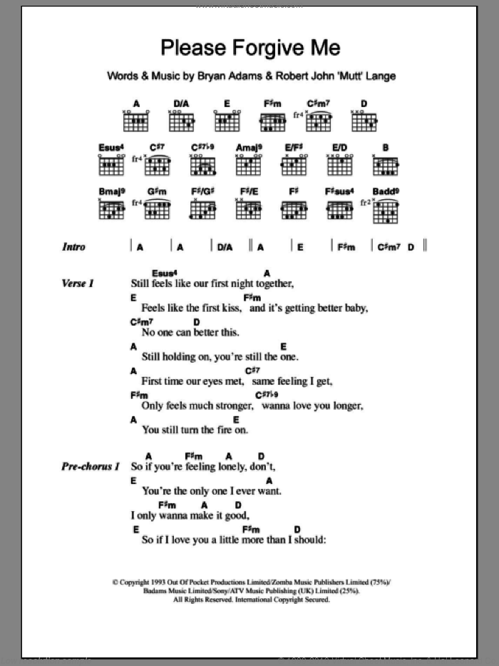 Please Forgive Me sheet music for guitar (chords) by Bryan Adams and Robert John Lange, intermediate skill level