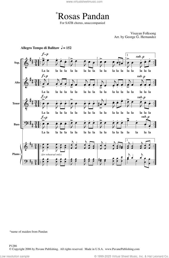Rosas Pandan sheet music for choir (SATB: soprano, alto, tenor, bass) by George Hernandez, intermediate skill level